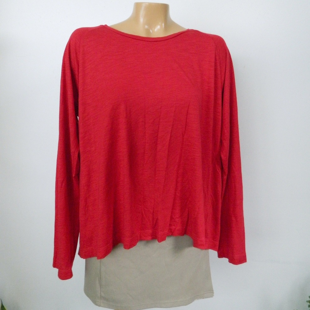 Lilla P Pima Cotton Slub Knit Top Womens Large Red Raglan Long Sleeve Back Pleat